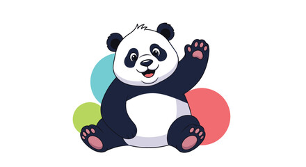 Cute cartoon panda sitting and waving with a happy smile, set against a cheerful background of colorful circles, ideal for playful themes.