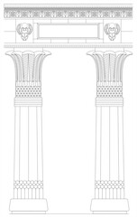 Fototapeta premium Vector illustration of ancient Egyptian temple columns decorated with hieroglyphic figures, lotus ornaments, and symbolic architectural details.