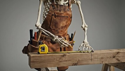 Skeleton carpenter busy at work measuring a wooden plank with a tape measure and pencil, wearing tool belt and overalls