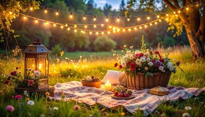 Romantic outdoor picnic at dusk