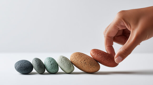 Hand Arranging Colored River Stones in an Arc
