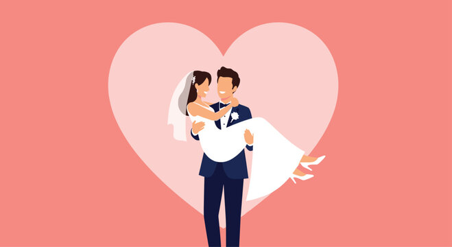A loving groom carries his beautiful bride over the threshold, symbolizing a romantic start to their happy marriage, set against a pink heart background.