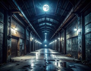 Obraz premium Dark industrial hallway under moonlight with dramatic lighting effects