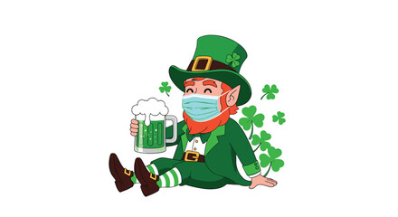 A cheerful cartoon leprechaun wearing a face mask, holding green beer, and sitting among shamrocks to celebrate St. Patrick's Day.