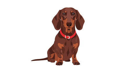 A cute cartoon dachshund dog with brown fur and a red collar sits patiently on a white background, looking directly forward.