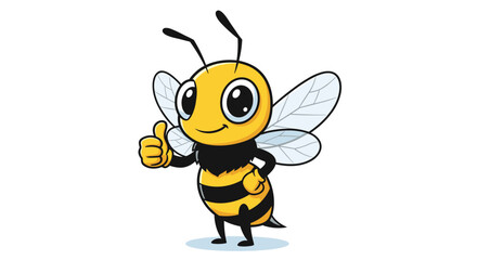 A cute, happy cartoon bee smiles and gives a thumbs-up gesture, showing approval and success on a white background.