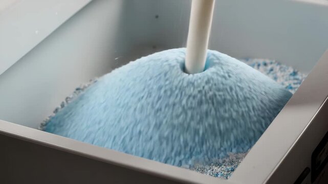 Macro close-up of white and blue granular laundry detergent powder in a washing machine drawer.