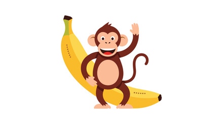 A cheerful cartoon monkey smiles and waves while playfully resting on a large yellow banana, set against a clean white background.