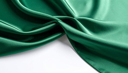 Elegant emerald green silk fabric with smooth folds and luxurious texture on a white backdrop