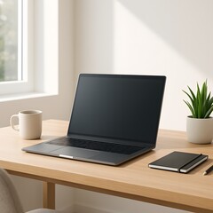 Minimalist Modern Home Office Setup with Laptop and Coffee Cup &ndash; Bright Natural Light and Wooden Desk