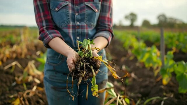 Close-up of a farmer's hands holding damaged and uprooted crops with soil after a storm.