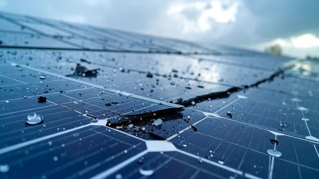 Close-up of a cracked and damaged solar panel after a hailstorm, with water droplets and an overcast sky.
