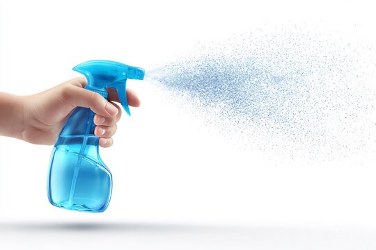  Hand Pressing The Trigger Of A Blue Spray Bottle, Fine Mist Particles Mid-Air, Realistic Motion Detail, Daylight Reflections, Transparent Background Perfect For Cleaning, D