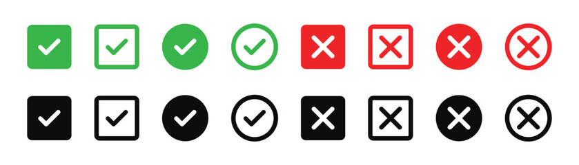 Checkmark x mark icon. Green checkmark and red x sign. Correct error vector symbol isolated on white background. Vote checkmark in circle and square box. © MD