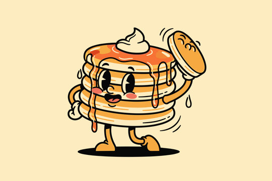 Happy retro cartoon pancake character with syrup and whipped cre