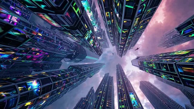 towering skyscrapers from ground perspective with glowing windows and neon accents against purple sky, dizzying vanishing point and glass reflections creating highrise canyon, drone pilot mapping