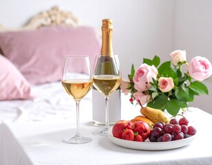 Romantic wine and fruit on a bed