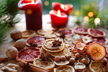 Dried citrus fruits and apple rings with nuts on rustic wood. Background for christmas preparations and decorations.
