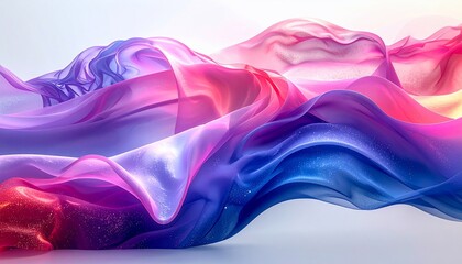 Abstract flowing fabric with vibrant colors and dynamic curves on a white background
