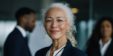 Confident mature african female leader in office setting with diverse colleagues