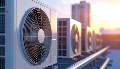 Rooftop AC units in urban setting at sunrise