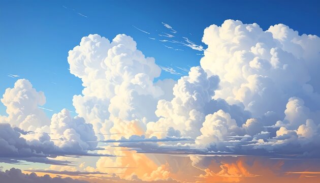 Towering cumulus clouds fill a bright blue sky at sunrise.