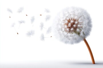 Dandelion puff with falling seeds isolated on white background nature concept