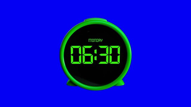 Green 3D digital alarm clock on a blue background