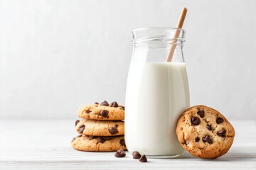 Delicious pairing of milk and chocolate chip cookies isolated on white background for snack time