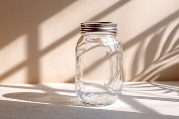 Sunlit glass jar on white background for minimalist design and lifestyle concepts