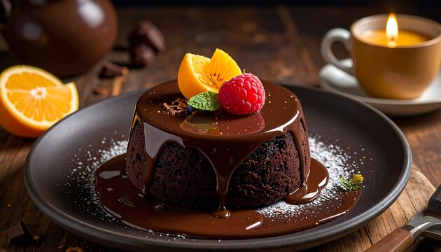 Delicious chocolate lava cake dessert with orange and raspberry garnish presentation - Powered by Adobe