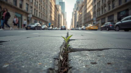 Plant emerges through cracks in city pavement showcasing nature's perseverance in urban spaces