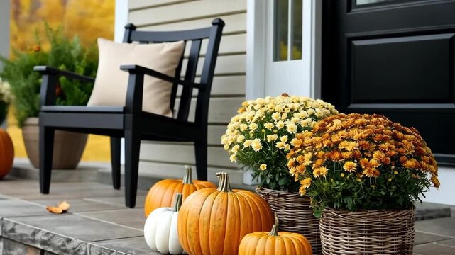 Discover fall beauty with colorful mums and pumpkins on a cozy porch decorated for the season