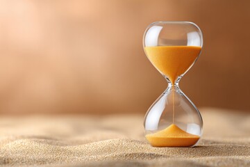 Golden sand hourglass with glowing light for time concept and design on white background