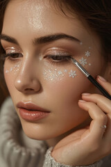 Young woman applying glitter makeup with snowflake designs for winter event