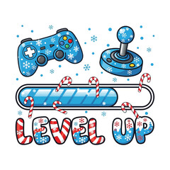 Christmas holiday pixel art illustration featuring a video game controller wearing a Santa hat with a snowflake background.