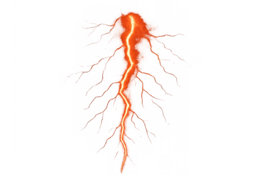Orange lightning bolt striking with branches, simulating electrical energy, power, and a storm on transparent background