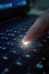 Person's finger touching a keyboard with glowing key on a laptop during late night work session