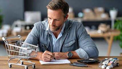Man sitting at a table working on a shopping list with a mini shopping cart and stationery in a cozy indoor setting