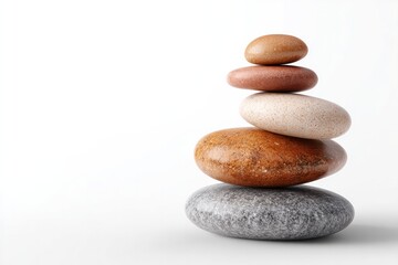 Fototapeta premium Balanced pebble stack symbolizing harmony and tranquility on white background for spa and meditation themes