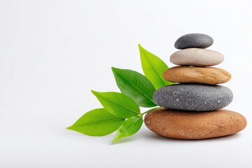 Obraz premium Zen balance and tranquility concept with stacked smooth stones and green leaf on white background for wellness and spa themes