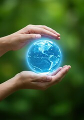 Adult hands gently hold a shimmering blue globe representing Earth against a soft, lush green natural background, symbolizing environmental care and world unity, saving, community., globe