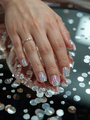 Sparkling nail art display with glitter accents on a reflective surface