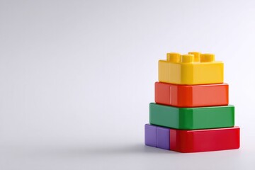 Fototapeta premium Unstable toy block tower tipping over on white background for children's play and balance concept