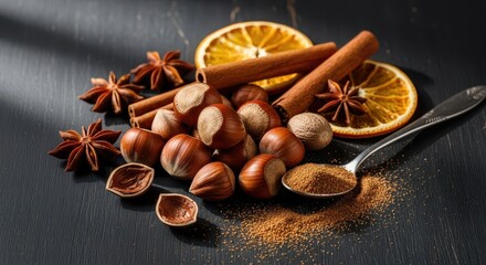 Close-up of raw hazelnuts and seasonal spices resting on a rustic wooden table, suggesting holiday baking ingredients and festive winter flavors, winter, food, winter food