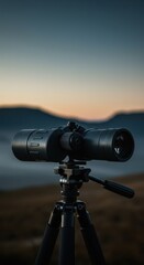 Close-up shot of professional binoculars resting on a sturdy tripod, aimed toward a distant landscape, suggesting exploration and viewing, clear, observation, lens
