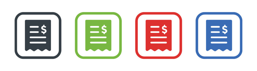 receipt, bill, invoice, check, money, payment, icon, symbol, graphic, design, set, collection, dark gray, green, red, blue, white, illustration, isolated, white background, finance, transaction, purch