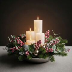 Elegant Christmas table decoration featuring seasonal evergreens, glowing candles, frosted berries, and festive ornaments for a holiday meal, light, traditional, atmosphere