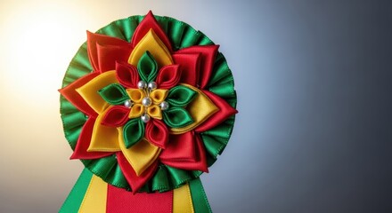 Elegant handmade Christmas rosette decoration crafted from shimmering satin ribbon, capturing the festive spirit of the winter holiday season, decorative, ribbon, greeting