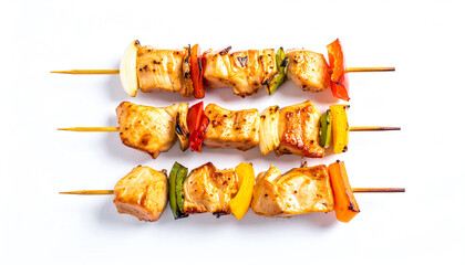 Grilled Chicken Skewers with Vegetables on White Background